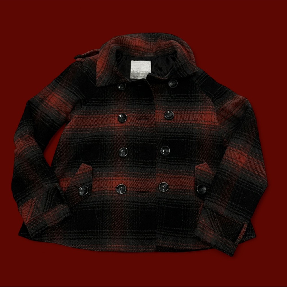 Kensie women’s Red and Black Plaid Pea Coat